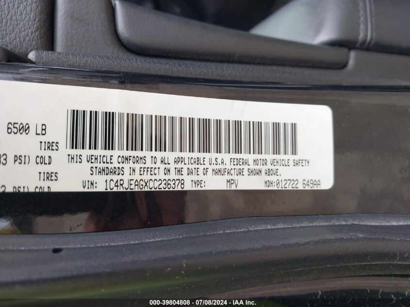 2012 Jeep Grand Cherokee Laredo VIN: 001C4RJEAGXCC2363 Lot: 39804808