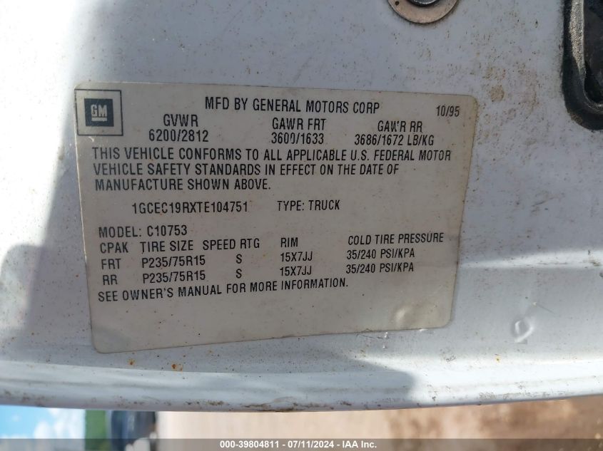 1996 Chevrolet Gmt-400 C1500 VIN: 1GCEC19RXTE104751 Lot: 39804811