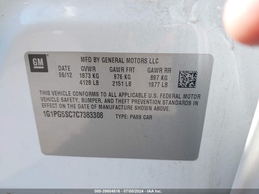 2012 Chevrolet Cruze 2Lt VIN: 1G1PG5SC7C7383308 Lot: 39804816