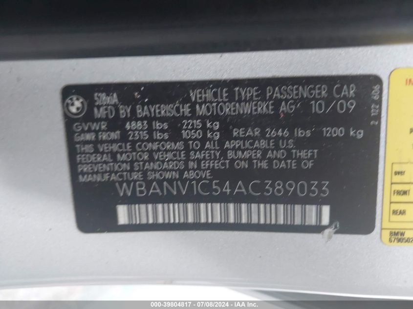 2010 BMW 528I xDrive VIN: WBANV1C54AC389033 Lot: 39804817