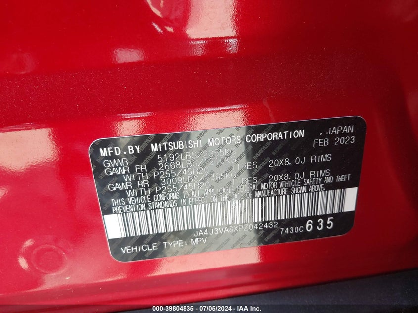 2023 Mitsubishi Outlander Sel 2.5 2Wd VIN: JA4J3VA8XPZ042432 Lot: 39804835