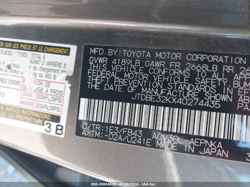 2004 Toyota Camry Le VIN: JTDBE32KX40274435 Lot: 39804836