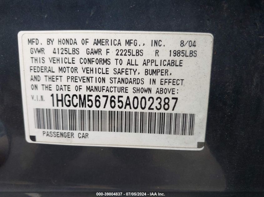 2005 Honda Accord 2.4 Ex VIN: 1HGCM56765A002387 Lot: 39804837