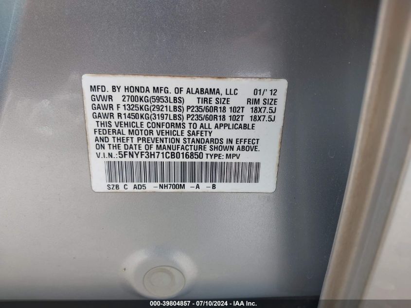 2012 Honda Pilot Exln VIN: 5FNYF3H71CB016850 Lot: 39804857