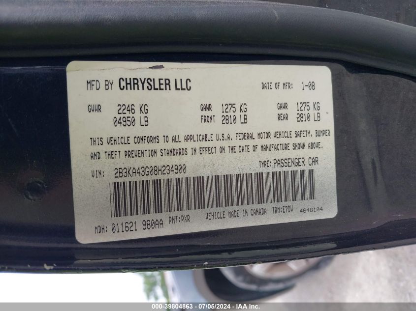 2008 Dodge Charger VIN: 2B3KA43G08H234900 Lot: 39804863