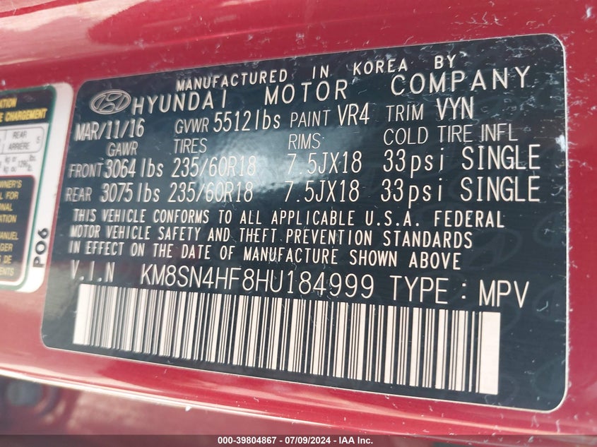 2017 Hyundai Santa Fe Se VIN: KM8SN4HF8HU184999 Lot: 39804867