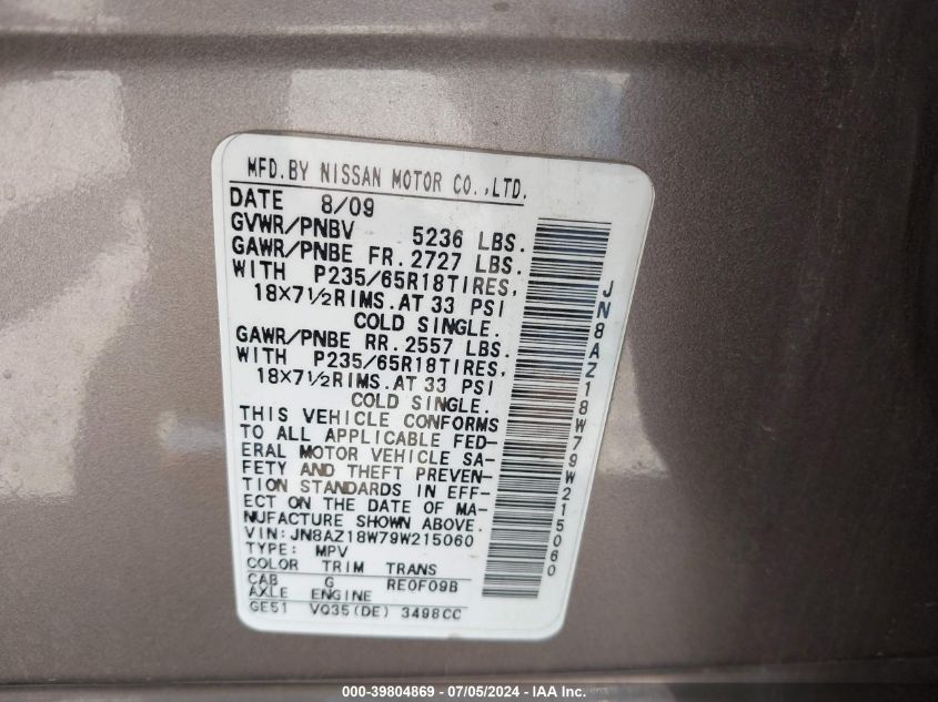 2009 Nissan Murano Sl VIN: JN8AZ18W79W215060 Lot: 39804869