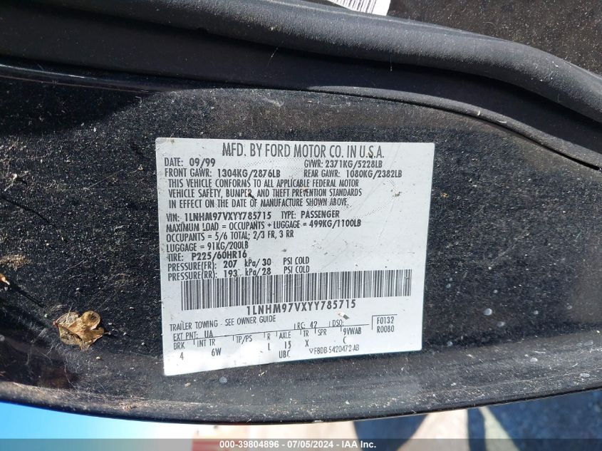 2000 Lincoln Continental VIN: 1LNHM97VXYY785715 Lot: 39804896