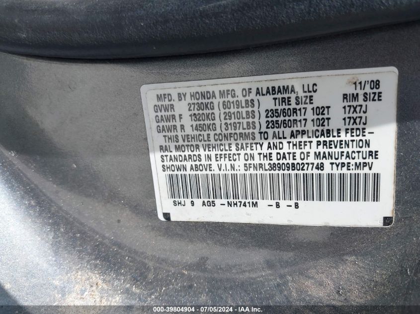 2009 Honda Odyssey Touring VIN: 5FNRL38909B027748 Lot: 39804904