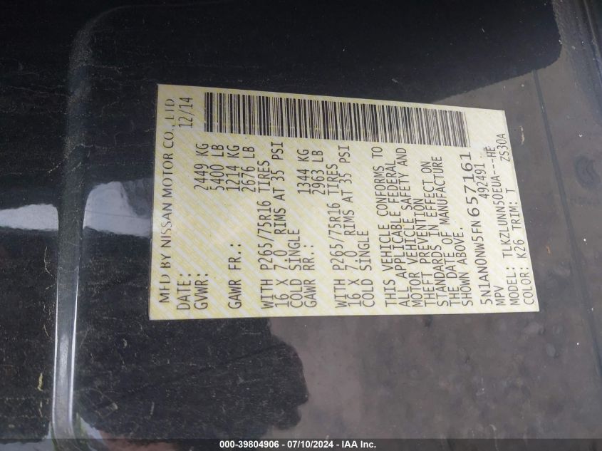 2015 Nissan Xterra Pro-4X VIN: 5N1AN0NW5FN657161 Lot: 39804906