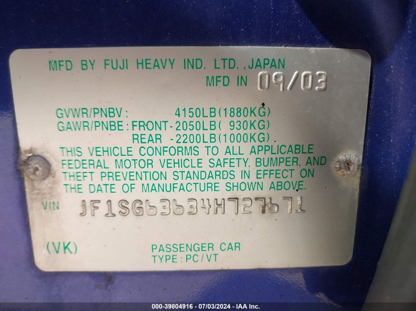 2004 Subaru Forester 2.5X VIN: JF1SG63634H727671 Lot: 39804916