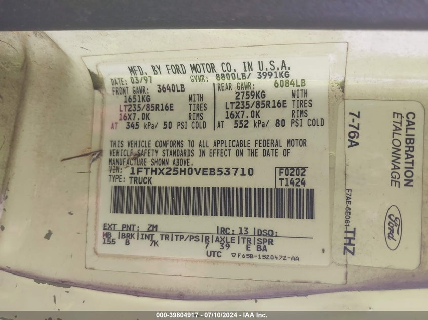 1997 Ford F-250 Xl VIN: 1FTHX25H0VEB53710 Lot: 39804917