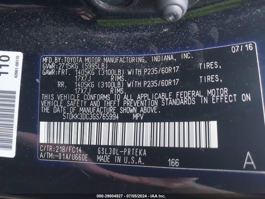 2016 Toyota Sienna Le 8 Passenger VIN: 5TDKK3DC3GS765994 Lot: 39804927