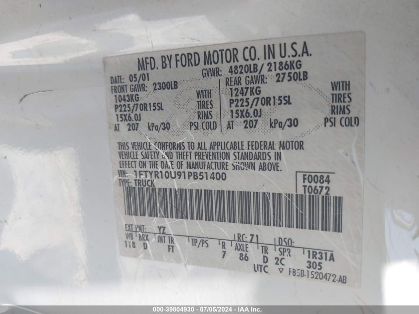 2001 Ford Ranger Edge/Xl/Xlt VIN: 1FTYR10U91PB51400 Lot: 39804930