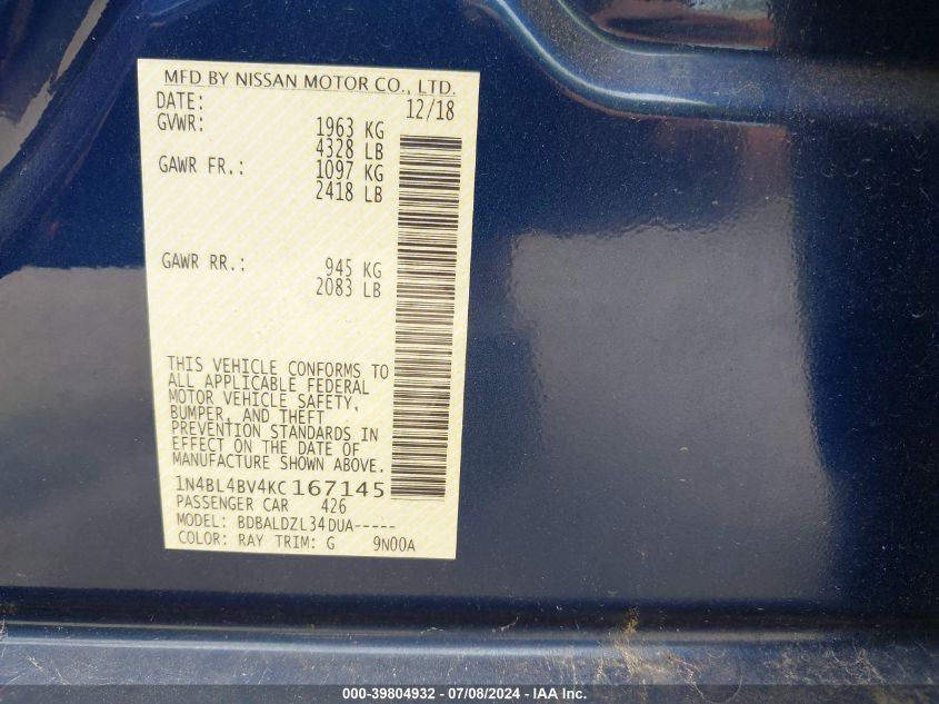 1N4BL4BV4KC167145 2019 Nissan Altima 2.5 S