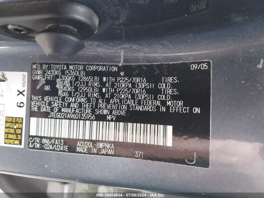 2006 Toyota Highlander VIN: JTEGD21A960135956 Lot: 39804934