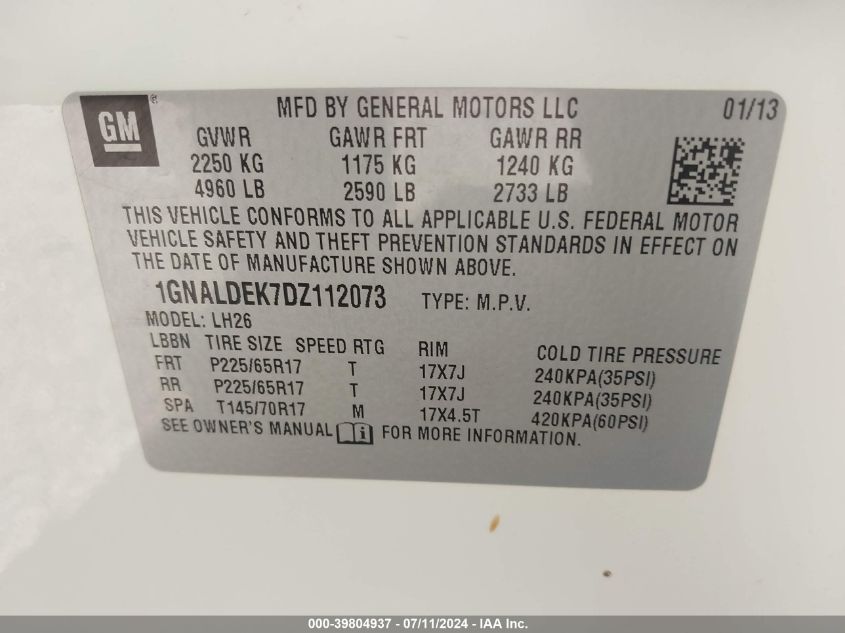 2013 Chevrolet Equinox 1Lt VIN: 1GNALDEK7DZ112073 Lot: 39804937