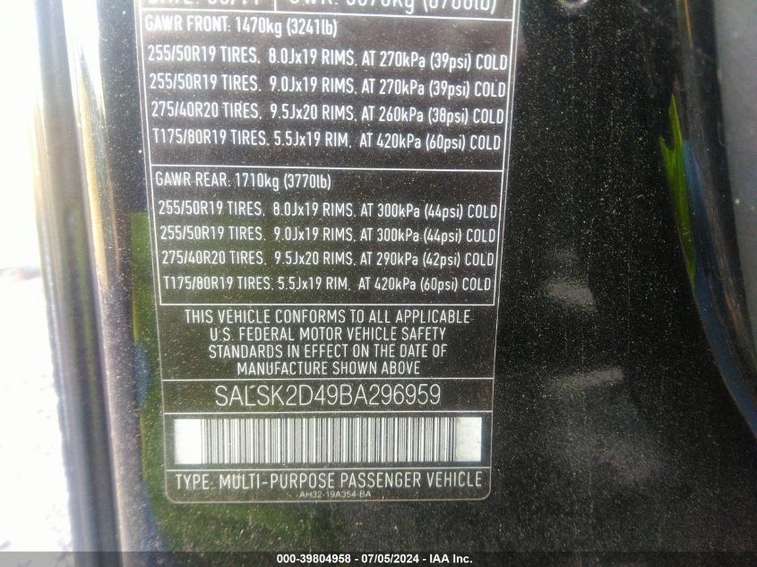 2011 Land Rover Range Rover Sport Hse VIN: SALSK2D49BA296959 Lot: 39804958