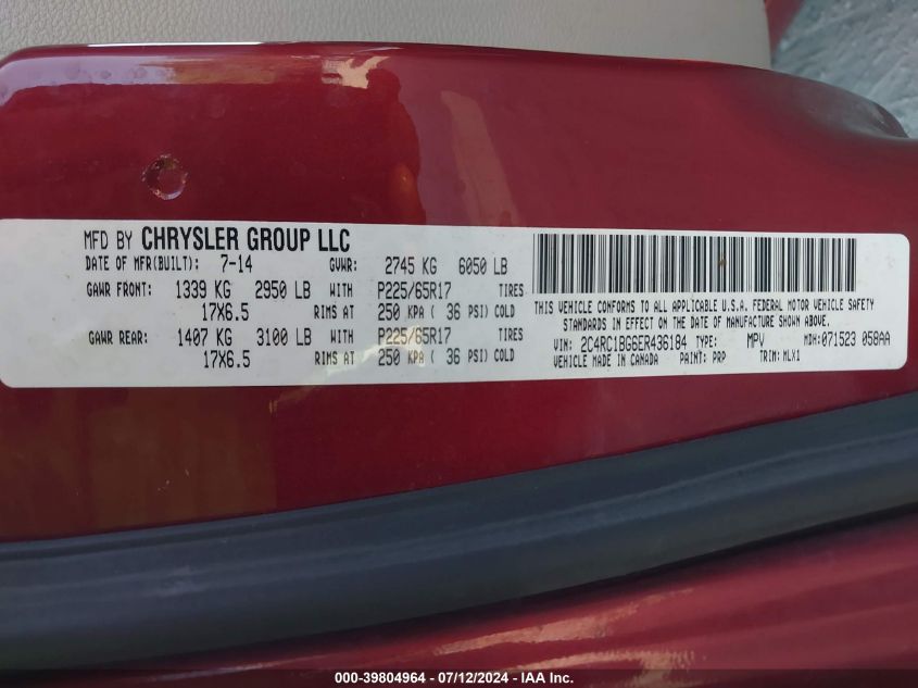 2014 Chrysler Town & Country Touring VIN: 2C4RC1BG6ER436184 Lot: 39804964