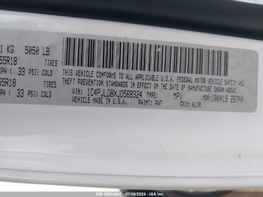 2018 Jeep Cherokee Limited VIN: 1C4PJLDBXJD568324 Lot: 39804967