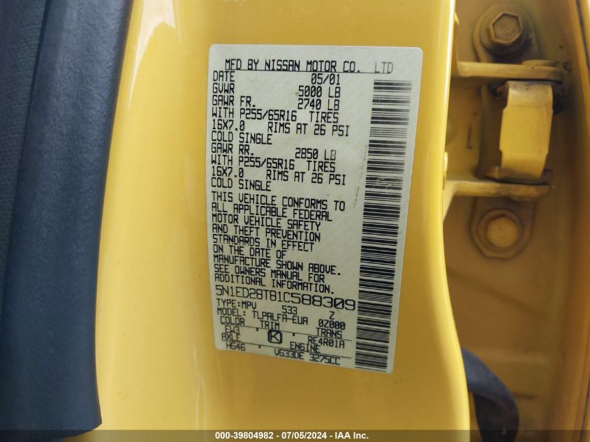 2001 Nissan Xterra Se VIN: 5N1ED28T81C588309 Lot: 39804982