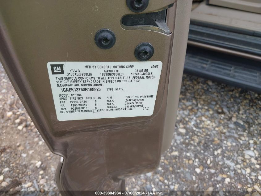 2003 Chevrolet Tahoe K1500 VIN: 1GNEK13Z53R165825 Lot: 39804984