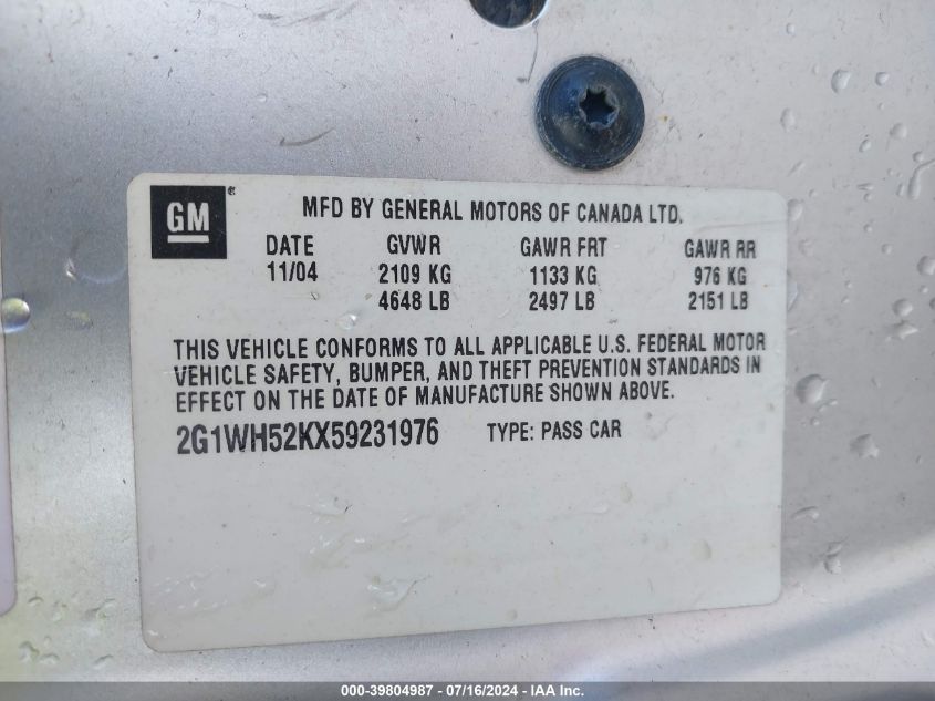 2005 Chevrolet Impala Ls VIN: 2G1WH52KX59231976 Lot: 39804987