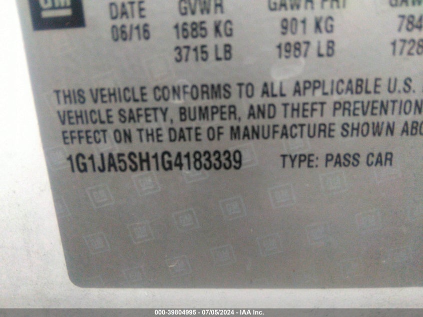 2016 Chevrolet Sonic Ls Auto VIN: 1G1JA5SH1G4183339 Lot: 39804995