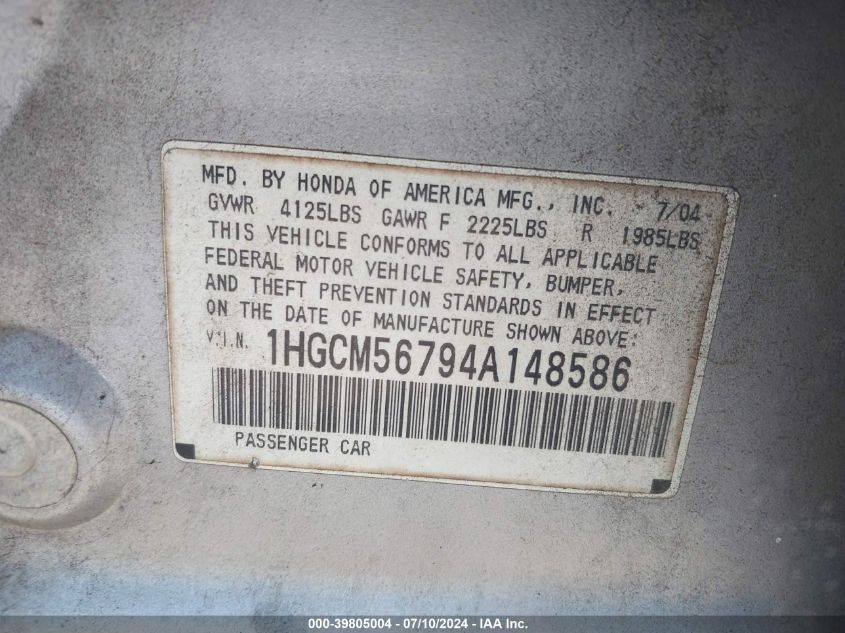 2004 Honda Accord Ex VIN: 1HGCM56794A148586 Lot: 39805004