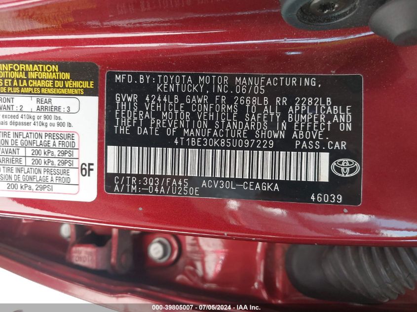 2005 Toyota Camry Xle VIN: 4T1BE30K85U097229 Lot: 39805007