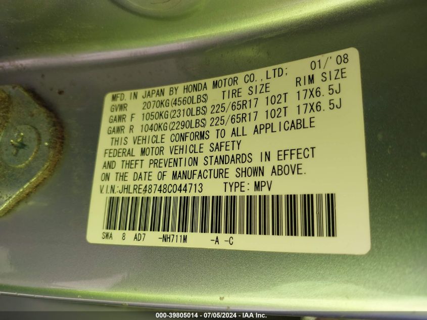 2008 Honda Cr-V Ex-L VIN: JHLRE48748C044713 Lot: 39805014