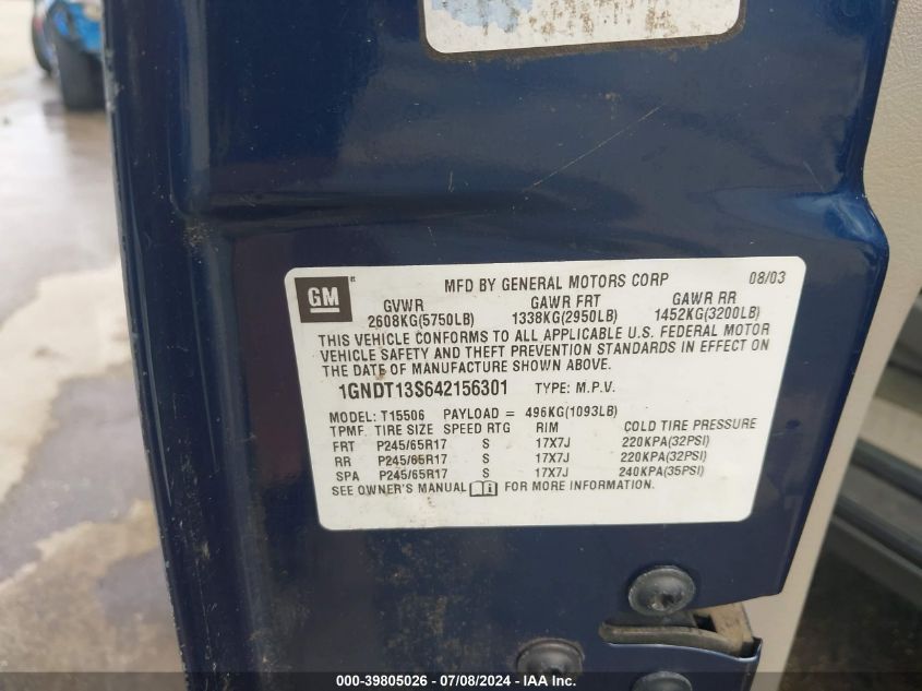 2004 Chevrolet Trailblazer Lt VIN: 1GNDT13S642156301 Lot: 39805026