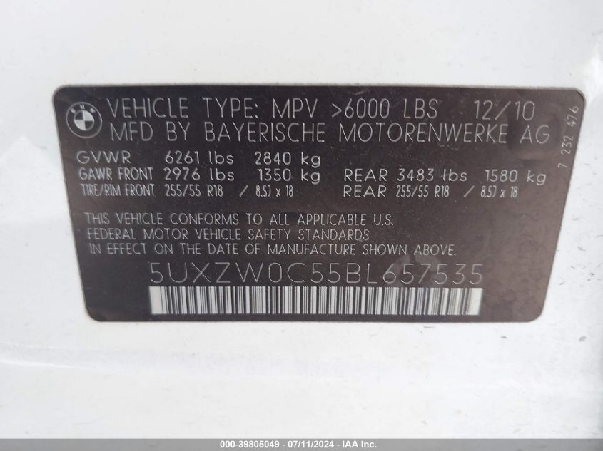 2011 BMW X5 xDrive35D VIN: 5UXZW0C55BL657535 Lot: 39805049