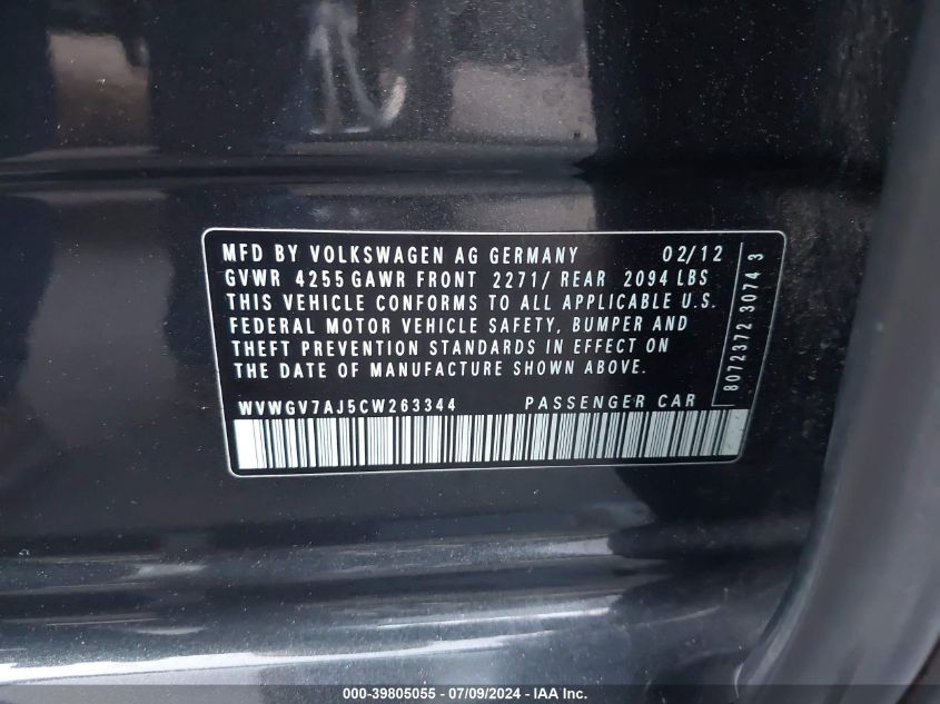 2012 Volkswagen Gti 4-Door VIN: WVWGV7AJ5CW263344 Lot: 39805055