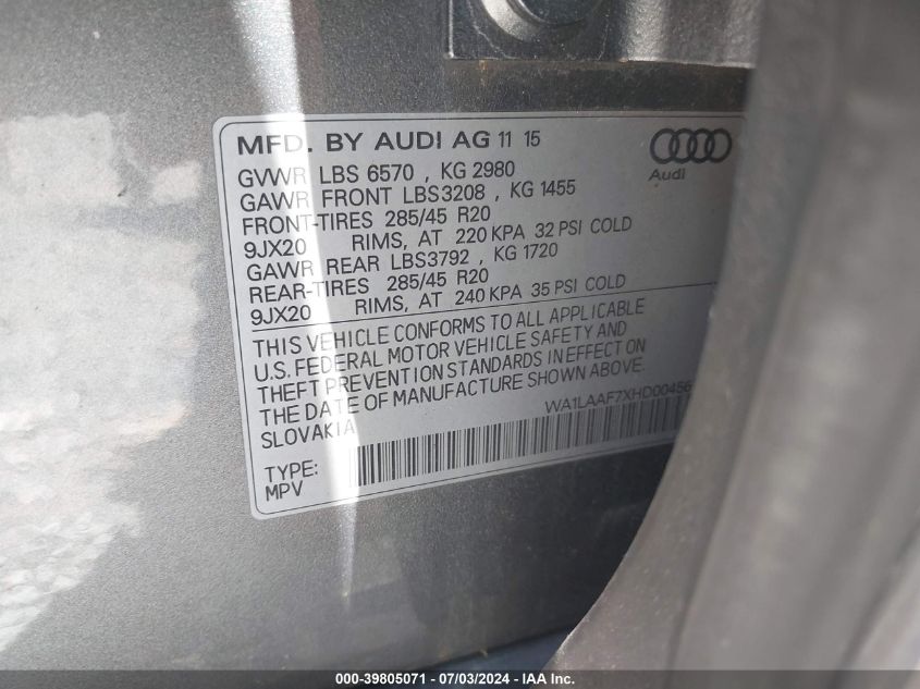 WA1LAAF7XHD004561 2017 Audi Q7 3.0T Premium