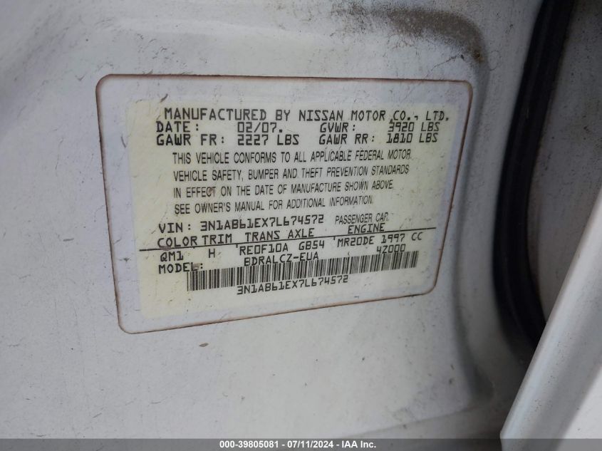 2007 Nissan Sentra 2.0 VIN: 3N1AB61EX7L674572 Lot: 39805081