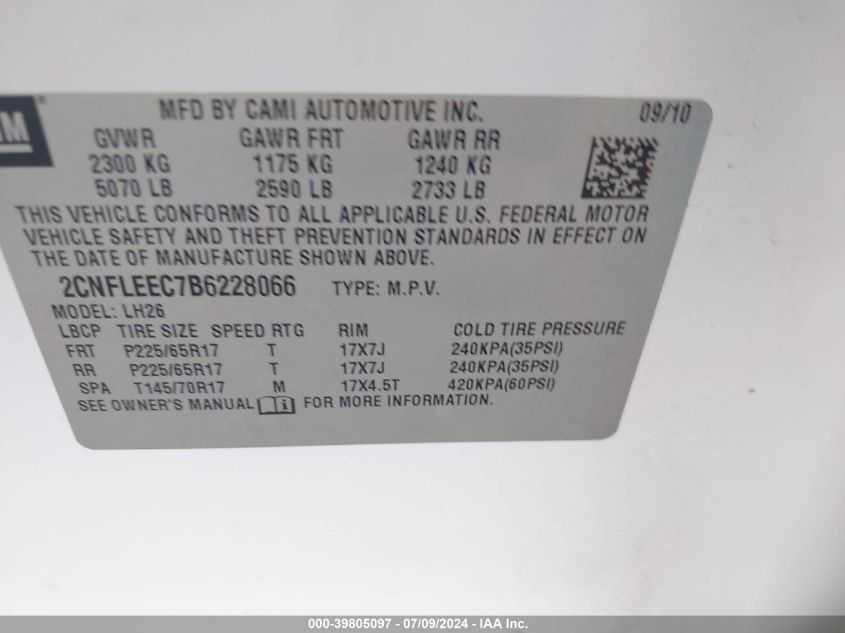 2011 Chevrolet Equinox 1Lt VIN: 2CNFLEEC7B6228066 Lot: 39805097