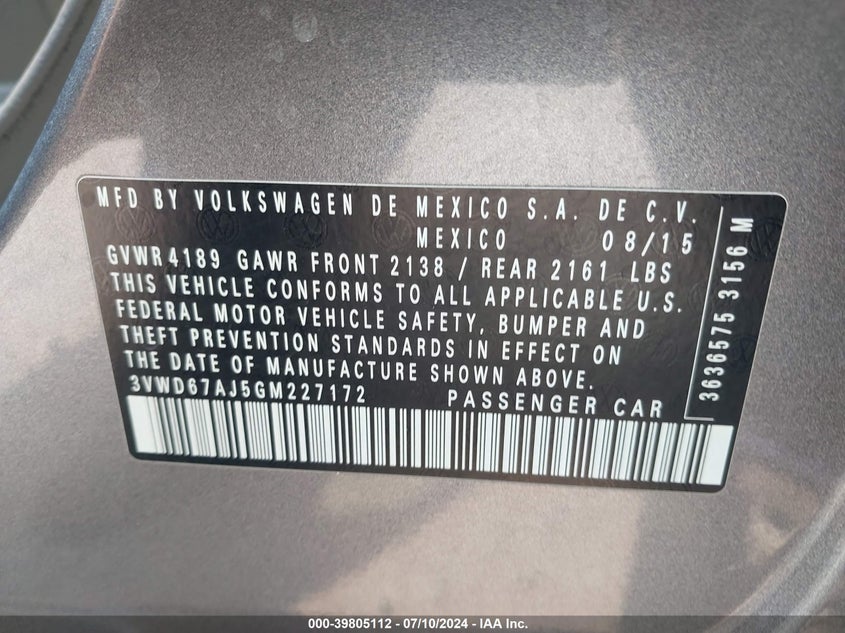 2016 VOLKSWAGEN JETTA SE - 3VWD67AJ5GM227172