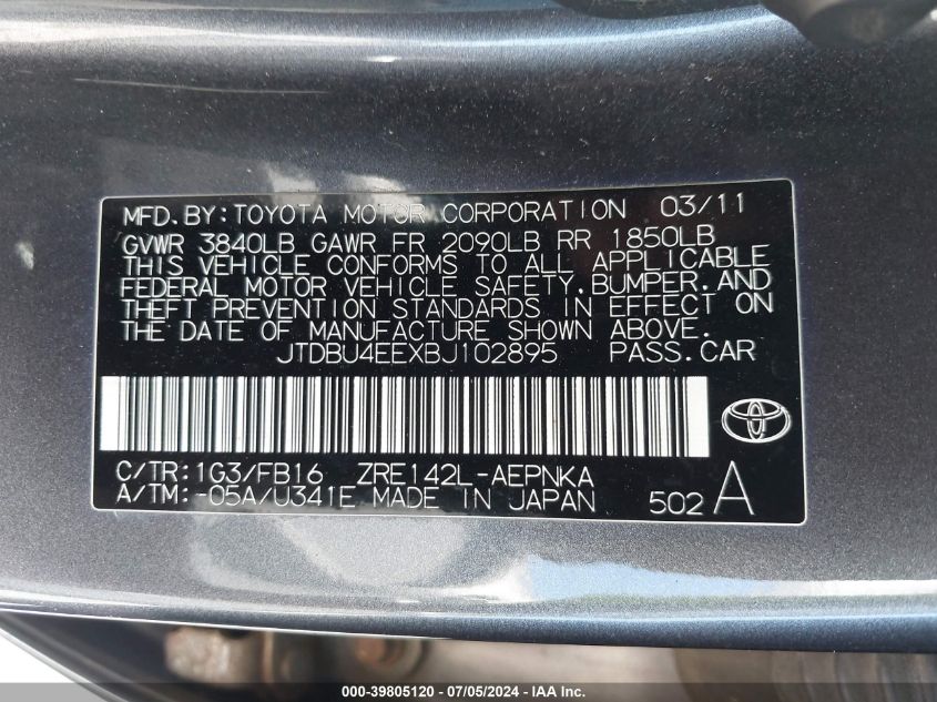 2011 Toyota Corolla Le VIN: JTDBU4EEXBJ102895 Lot: 39805120