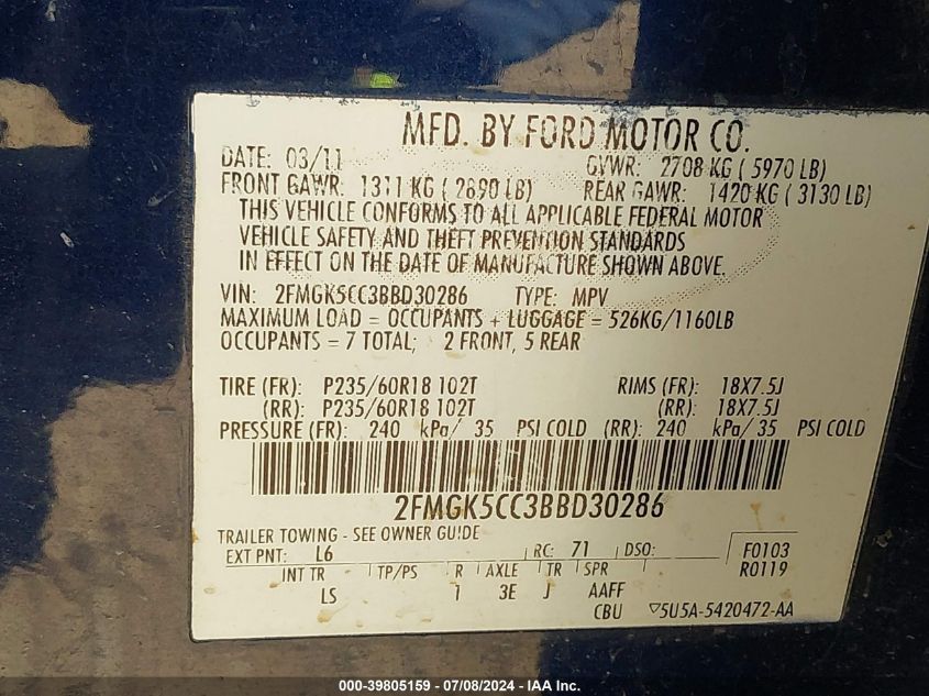 2011 Ford Flex Sel VIN: 2FMGK5CC3BBD30286 Lot: 39805159