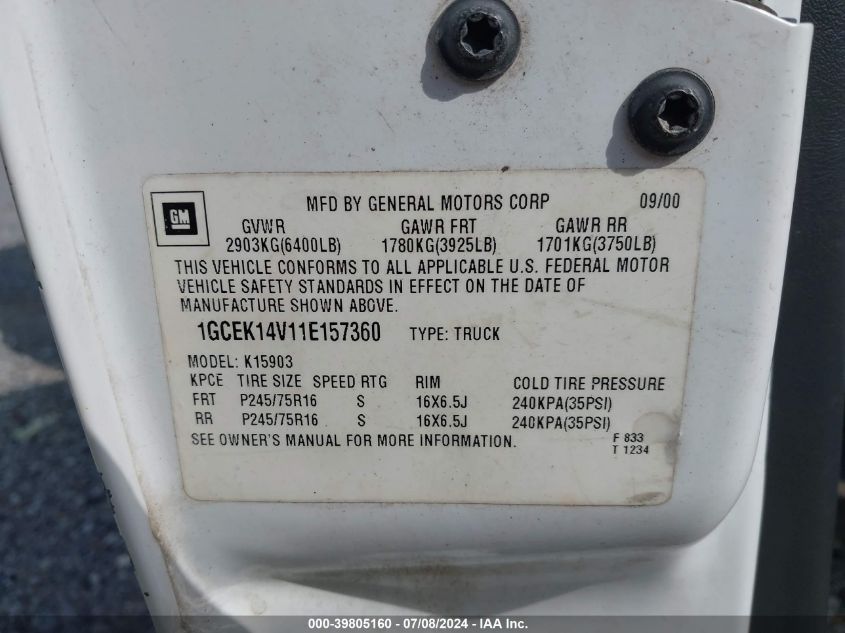 2001 Chevrolet Silverado 1500 VIN: 1GCEK14V11E157360 Lot: 39805160