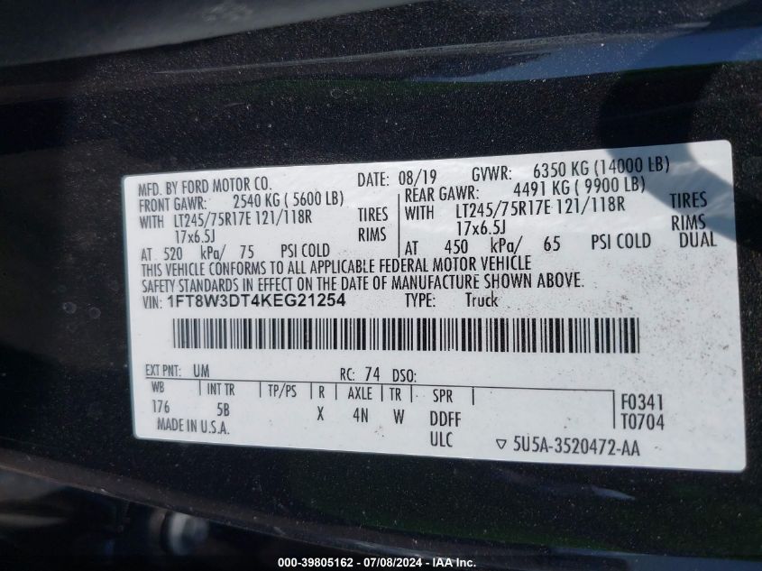 2019 Ford F350 Super Duty VIN: 1FT8W3DT4KEG21254 Lot: 39805162