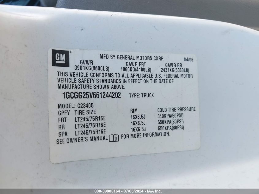 2006 Chevrolet Express Work Van VIN: 1GCGG25V661244202 Lot: 39805164