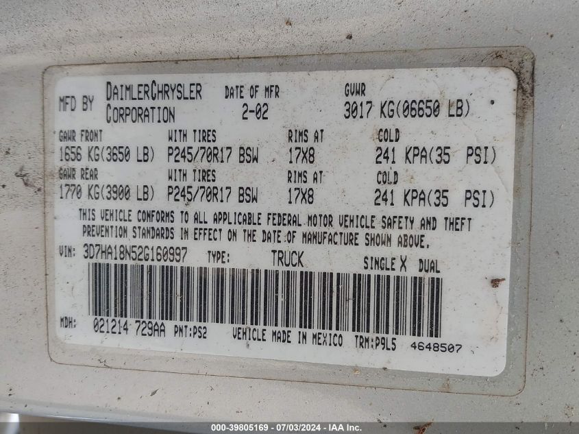 2002 Dodge Ram 1500 St VIN: 3D7HA18N52G160997 Lot: 39805169