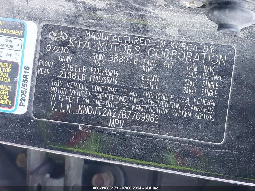 2011 Kia Soul + VIN: KNDJT2A27B7709963 Lot: 39805173