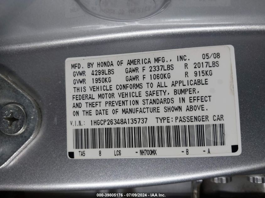 1HGCP26348A135737 2008 Honda Accord 2.4 Lx