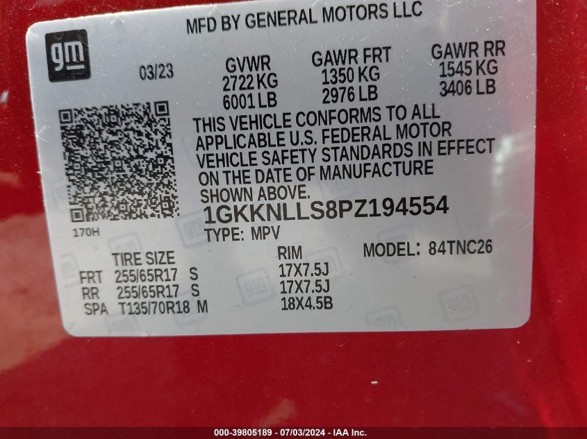 2023 GMC Acadia Awd At4 VIN: 1GKKNLLS8PZ194554 Lot: 39805189