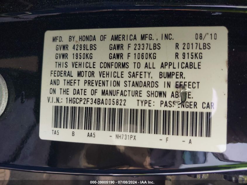 2011 Honda Accord 2.4 Lx VIN: 1HGCP2F34BA005822 Lot: 39805190