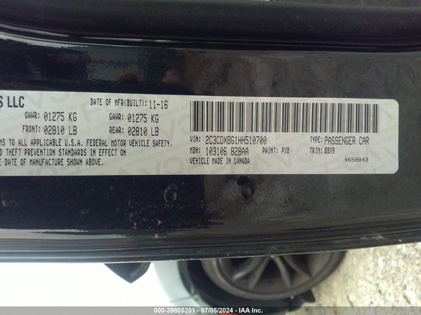 2017 Dodge Charger Se Rwd VIN: 2C3CDXBG1HH510700 Lot: 39805201