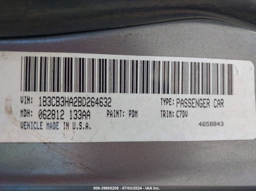 2011 Dodge Caliber Mainstreet VIN: 1B3CB3HA2BD264632 Lot: 39805205